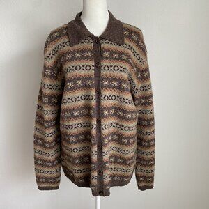 VTG Lauren Ralph Womens XL 100% Lambswool Fair Isle Cardigan Sweater Brown/Tan